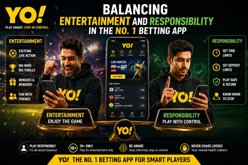 No. 1 Betting App showing balance between entertainment and responsible gaming with YO logo, highlighting control and fun