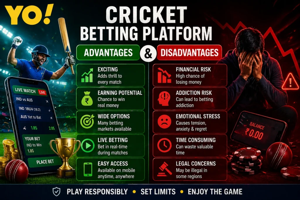 Advantages and disadvantages of cricket betting platform showing risks and benefits comparison