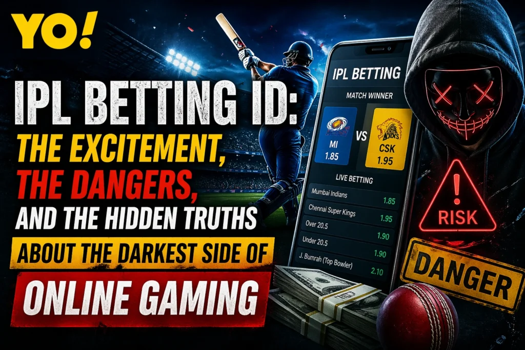 IPL Betting ID concept image showing cricket betting, mobile betting interface, risk warning, and dangers of online gaming