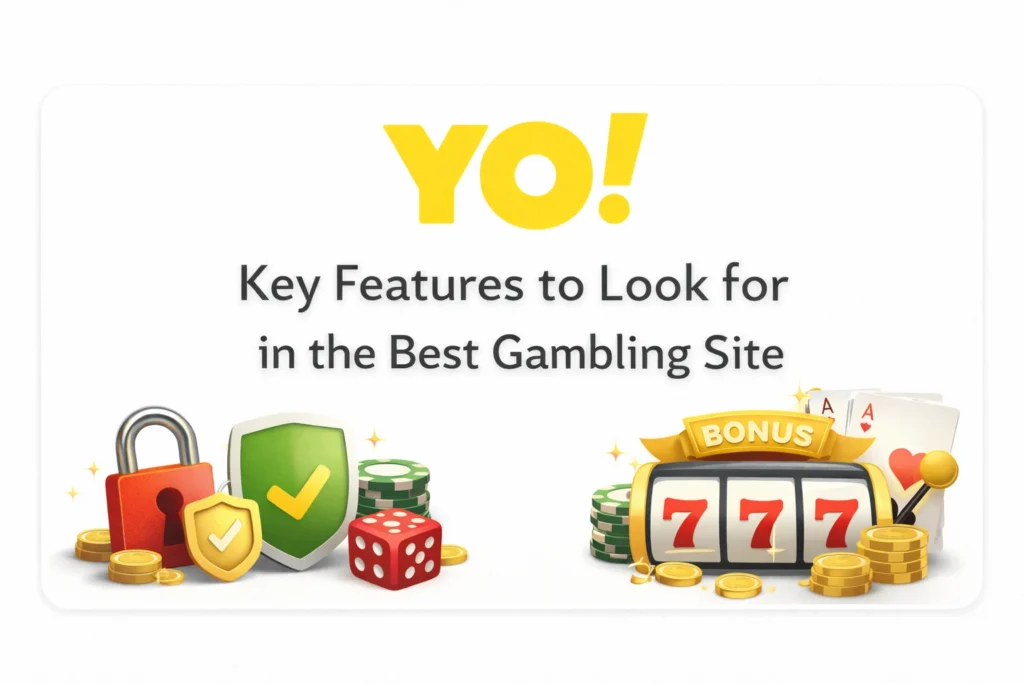 Key features of best gambling site with YO logo showing secure payments, game variety, and customer support icons