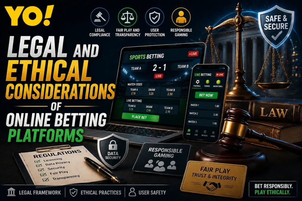 Legal and ethical considerations of online betting platforms showing law balance, justice symbol, and digital gambling interface with YO logo