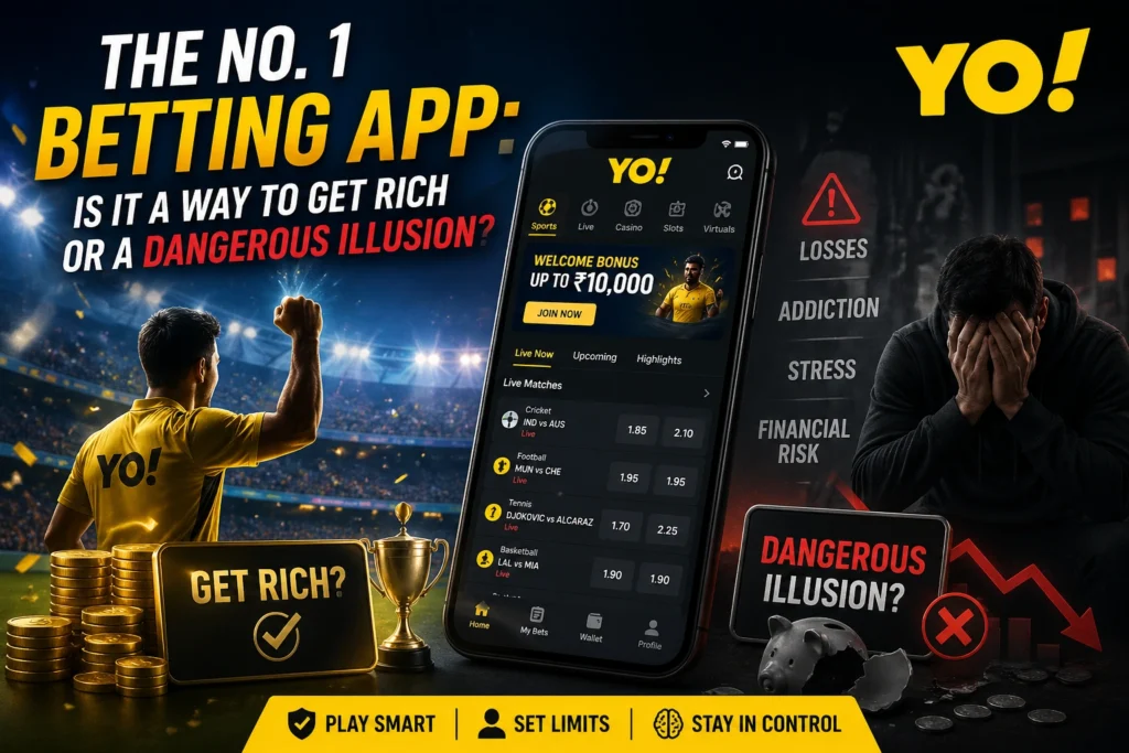 No. 1 Betting App showing winning vs losing scenario with YO logo, highlighting profit and risk in online gaming