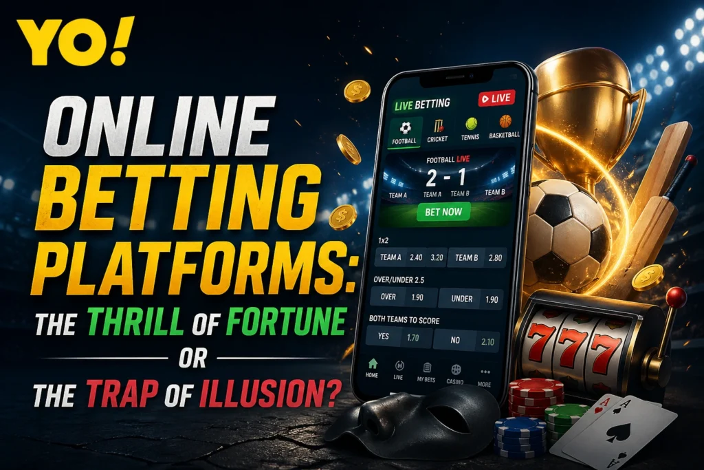 Online betting platforms banner showing thrill of fortune vs trap of illusion with sports betting app, casino elements, and YO logo