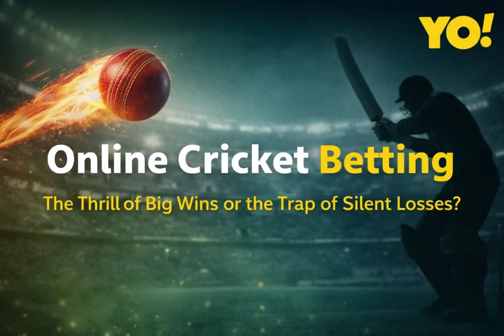 Online cricket betting concept showing big wins vs silent losses with cricket ball and YO logo