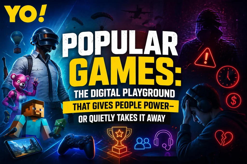 Popular Games digital playground banner showing positive and negative impact of online gaming world