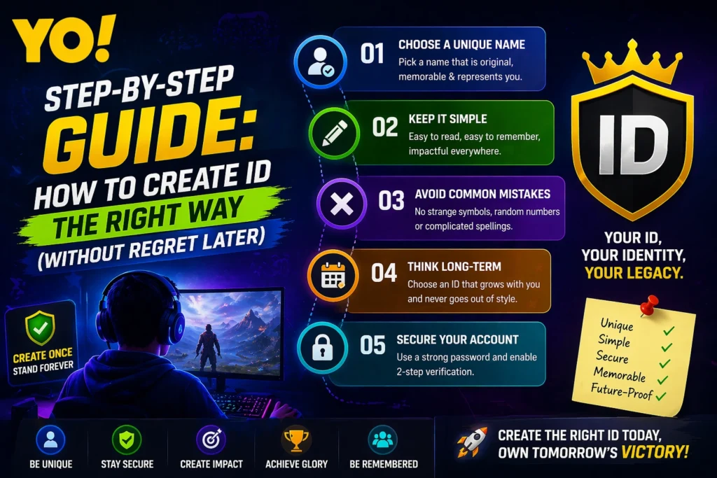 Step by step guide on how to create ID in online gaming with YO logo showing tips like unique name, simple ID, security and long term planning