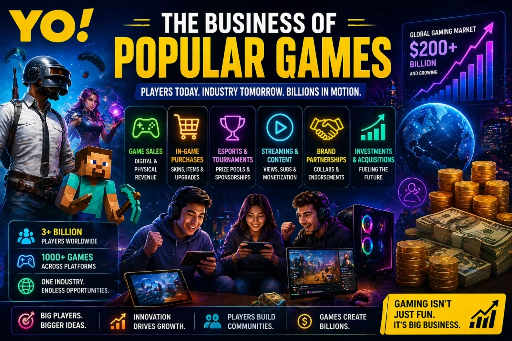 The business of popular games showing gaming industry growth, revenue streams, esports, and online gaming economy