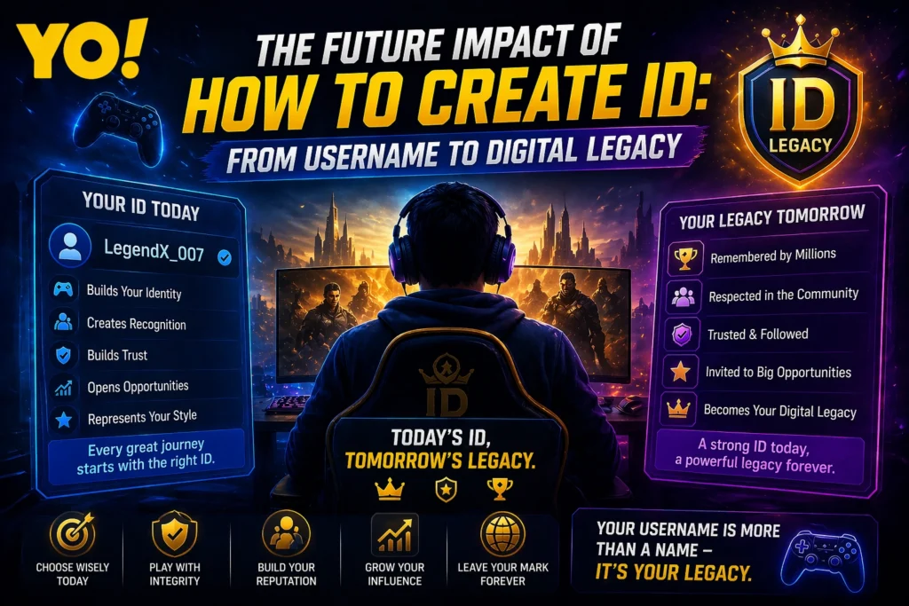 Future impact of how to create ID in online gaming showing digital legacy concept with gamer setup and YO logo