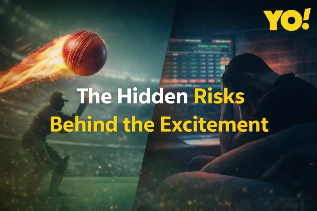 Hidden risks of online cricket betting showing contrast between excitement and financial loss with YO logo