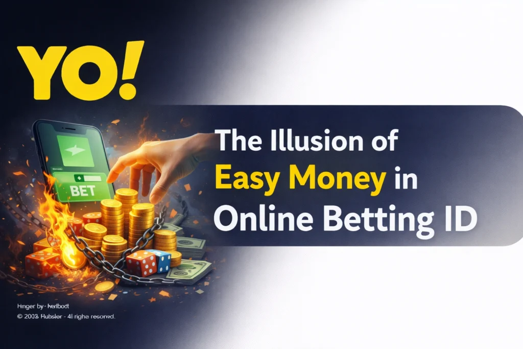 Illusion of easy money in online betting ID showing coins, losses, and Yo logo highlighting risk and false expectations