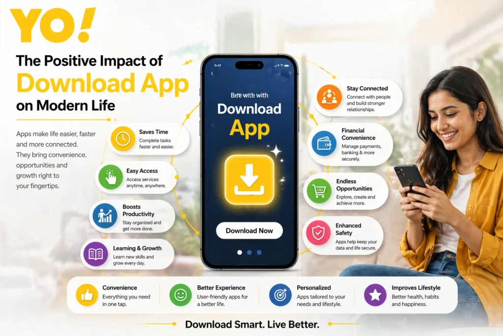 The Positive Impact of Download App on Modern Life showing convenience, productivity, and digital benefits