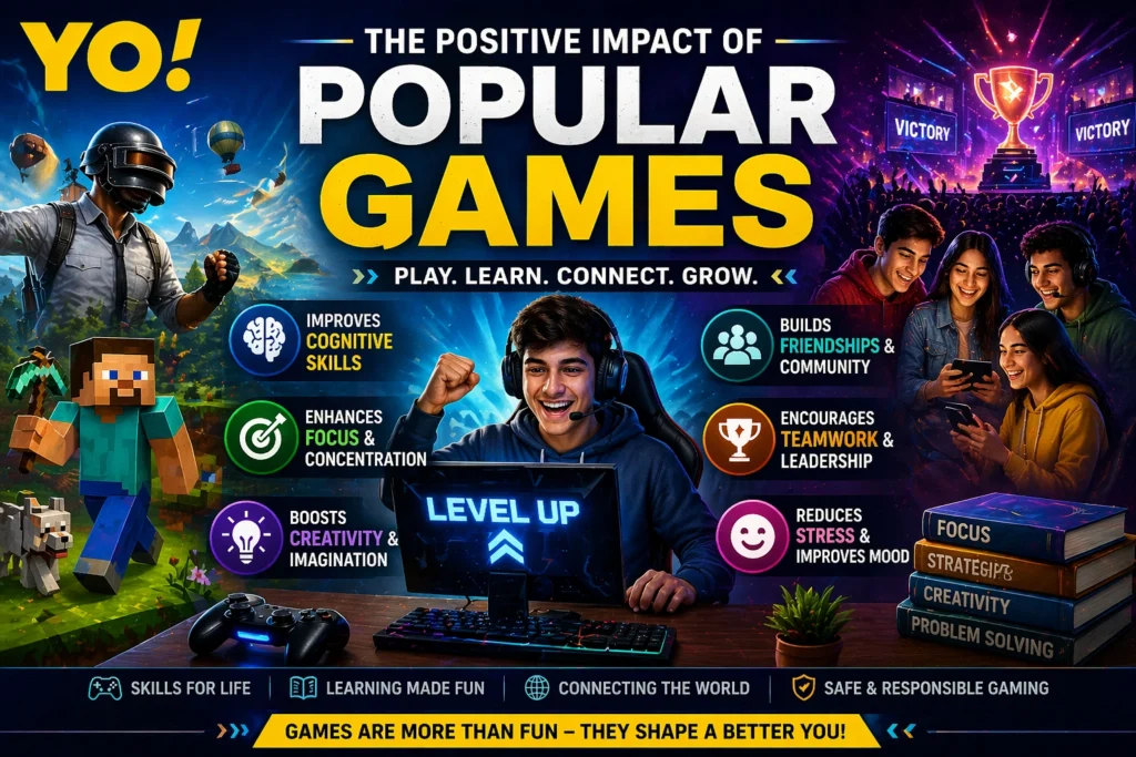 Positive impact of popular games showing benefits like skills development, creativity, and community in online gaming