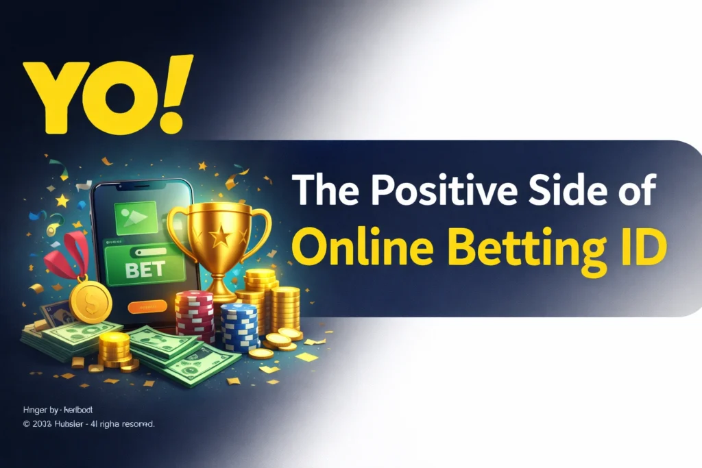 Positive side of online betting ID showing mobile betting, winnings, coins, and Yo logo representing benefits and entertainment