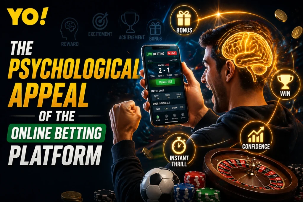 Psychological appeal of online betting platform showing user emotions, excitement, risk, and digital gambling interface with YO logo