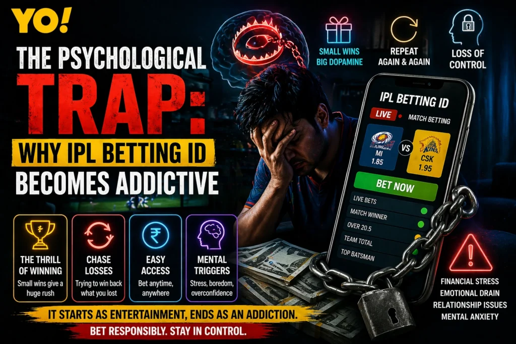 IPL Betting ID addiction concept showing psychological trap, betting stress, mobile betting app, and gambling risks