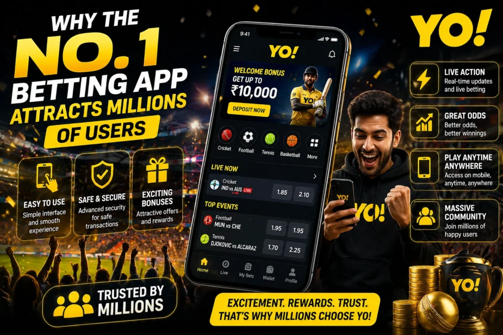 No. 1 Betting App attracting millions of users with mobile interface, rewards, and YO logo in online gaming environment